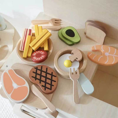 Kids kitchen wooden steak and bread cutting set, great pretend play gift for toddlers