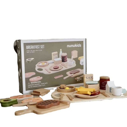 Detailed wooden pretend play steak & bread food set, promotes child development