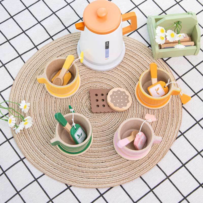 Kids wooden pretend play tea set with colorful cups & teapot, perfect for toddler role play