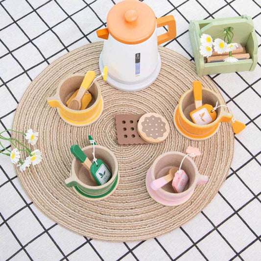 Kids wooden pretend play tea set with colorful cups & teapot, perfect for toddler role play