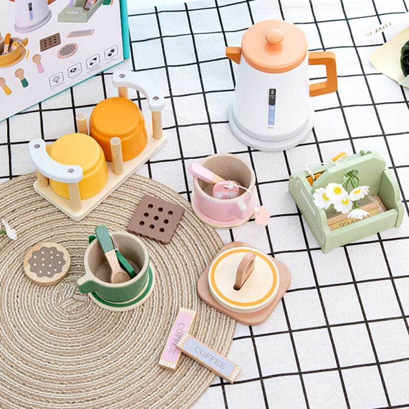 Educational wooden tea set for kids, includes teapot, cups, saucers; great for play kitchen