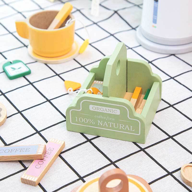 Toddler-friendly wooden tea pot and cup set for kids, encouraging imaginative pretend play