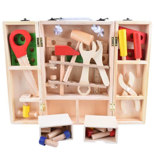Kids wooden pretend play tool box set with colorful tools, promoting motor skills and creative play.