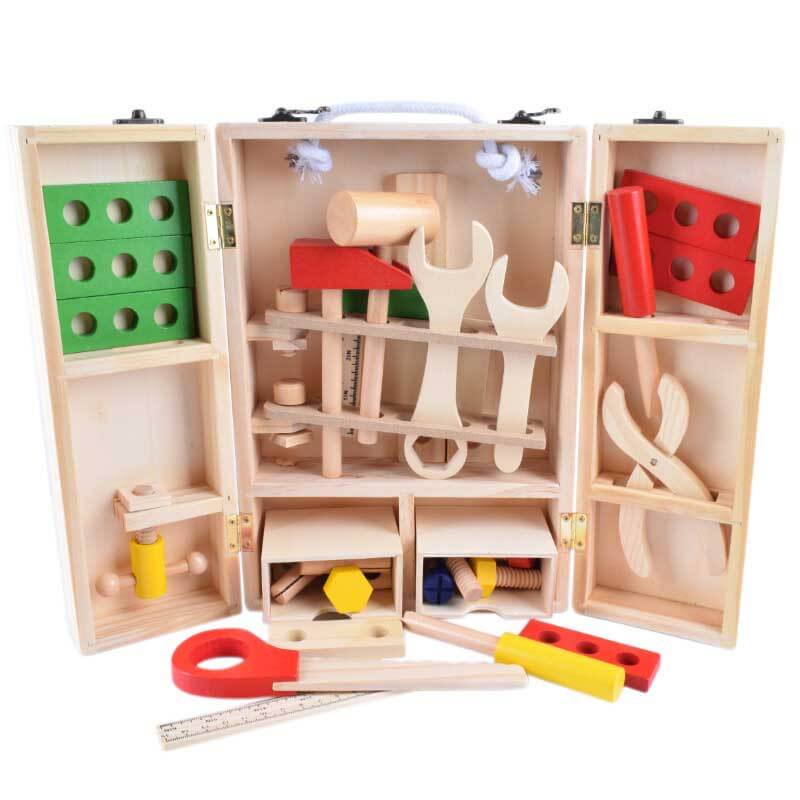 Educational wooden tool kit for toddlers, featuring a toolbox, hammer, screwdriver, and wrench for pretend play.