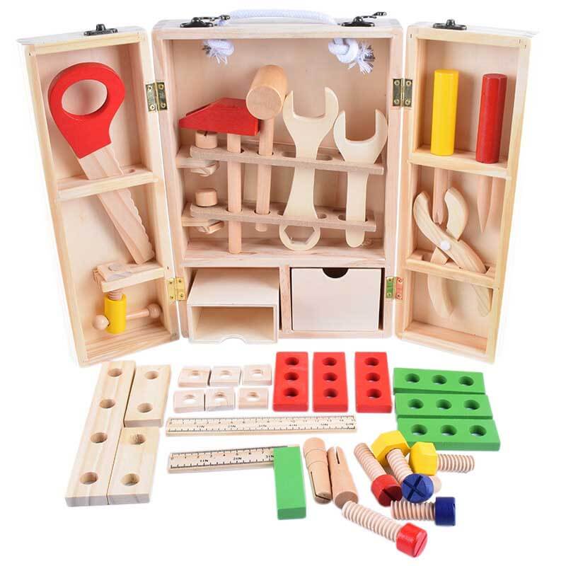 Wooden pretend play tool box set, ideal for kids building and creative play, a great educational gift.