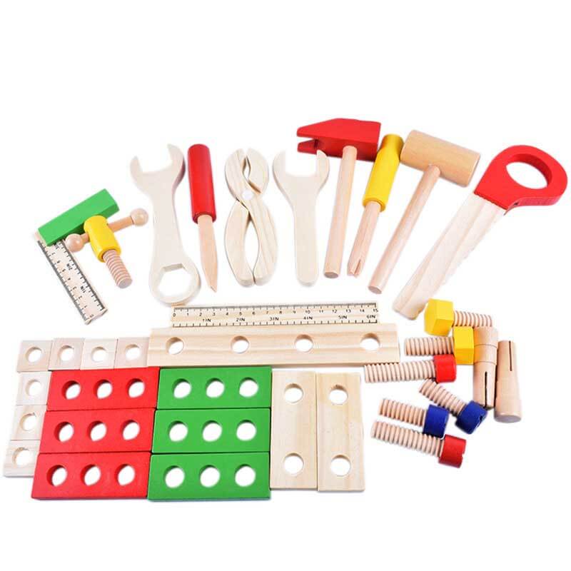 Toddler wooden tool set in a carry case, perfect for developing motor skills and imaginative play.