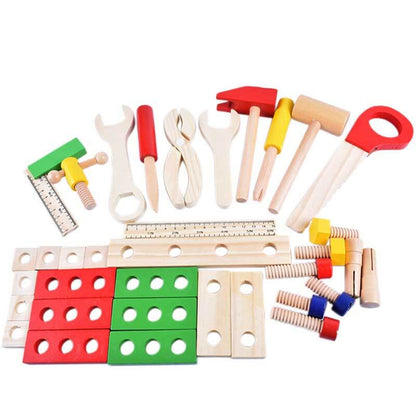 Toddler wooden tool set in a carry case, perfect for developing motor skills and imaginative play.