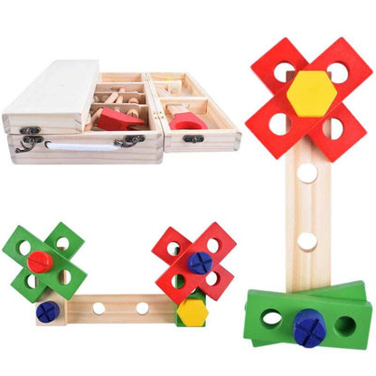 Colorful wooden pretend play tool box set, an engaging building toy for kids and educational gift.