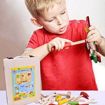 Kids wooden tool play set, including a toy hammer and screwdriver, fostering creative pretend play.