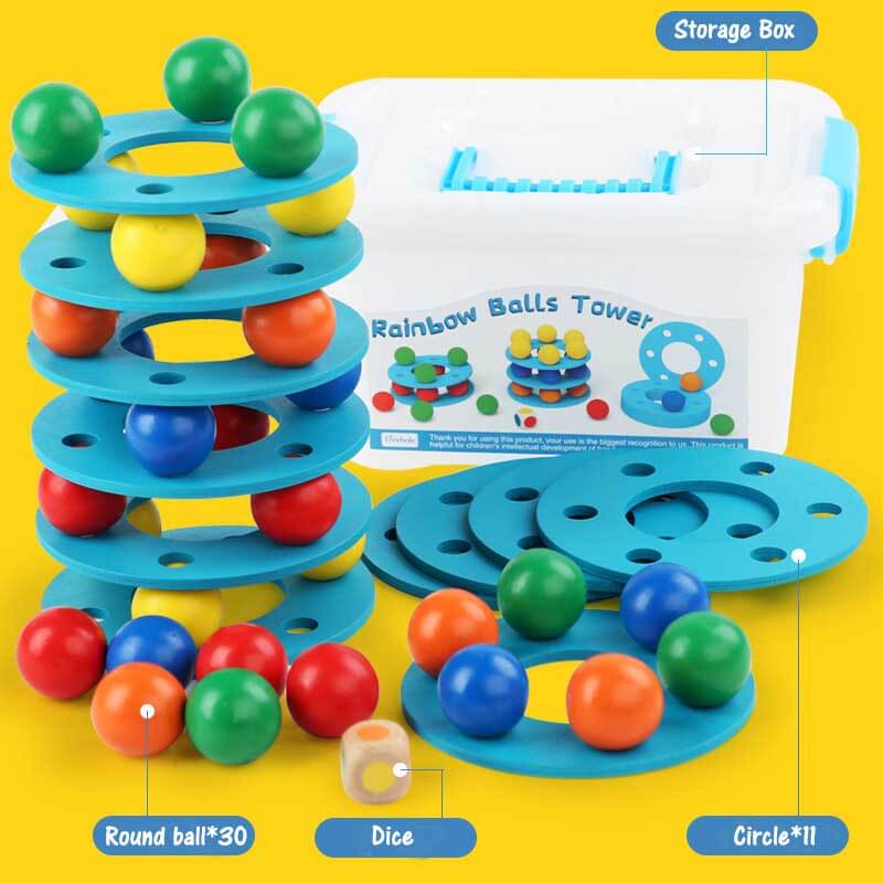 Kids wooden rainbow stacking balls tower toy, colorful educational toddler game