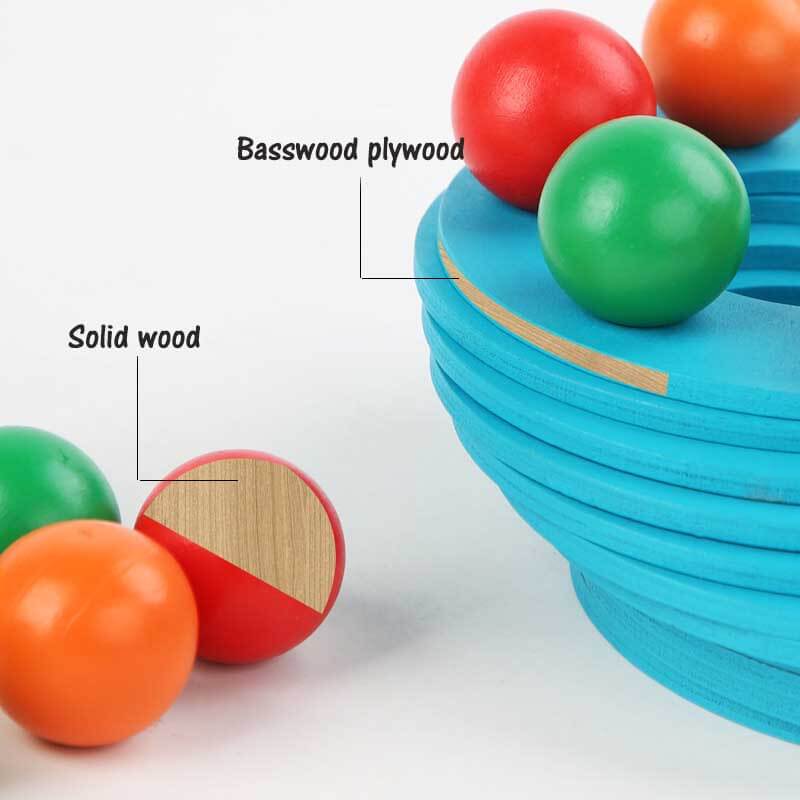 Educational wooden rainbow stacking game for toddlers, multicolor balls