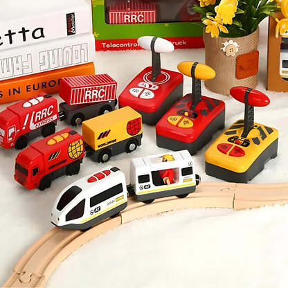 Kids wooden remote control train set with engine, cars, track, lights & sound for imaginative play.