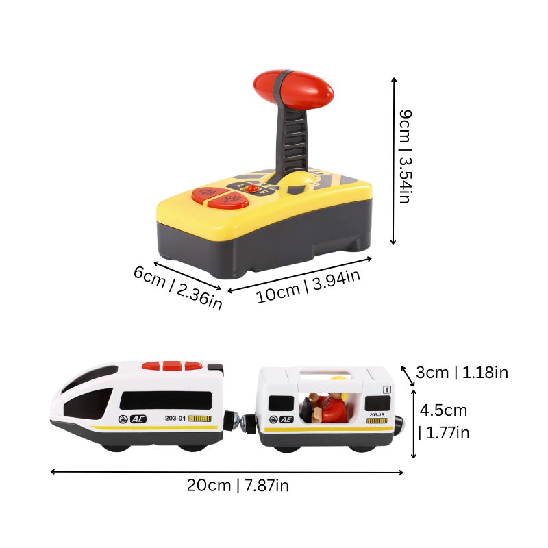 Wooden toy train set with remote control, glowing lights & realistic sounds, perfect for young children.