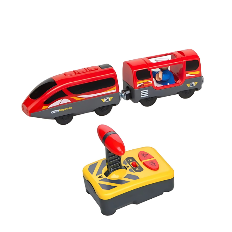 Child playing with a wooden remote control train set, featuring lights and sounds, for educational fun.