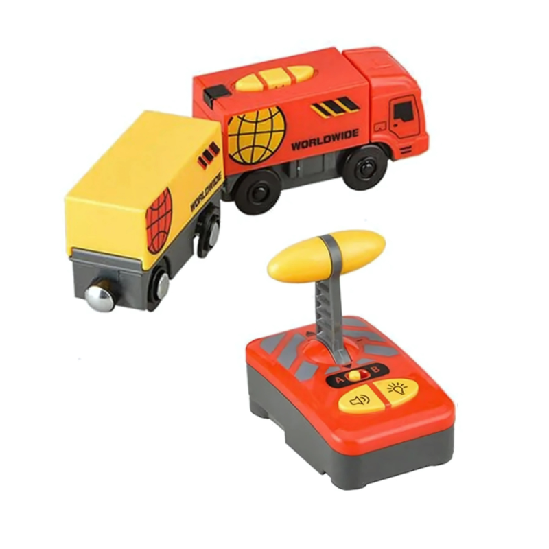 Close-up of wooden remote control train engine with lights on and sound effects, a great kids' gift.