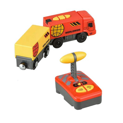 Close-up of wooden remote control train engine with lights on and sound effects, a great kids' gift.