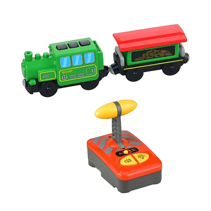 Complete kids' wooden train set with remote control, tracks, train cars, lights, and sounds.
