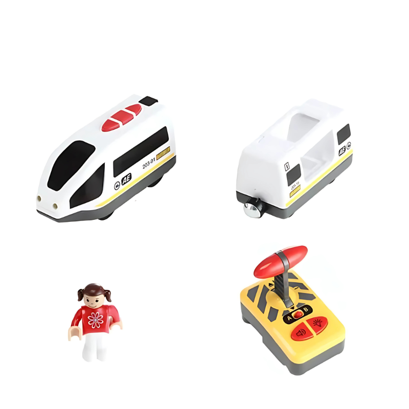 Educational wooden remote control train set, promoting imaginative play for kids with lights & sounds.