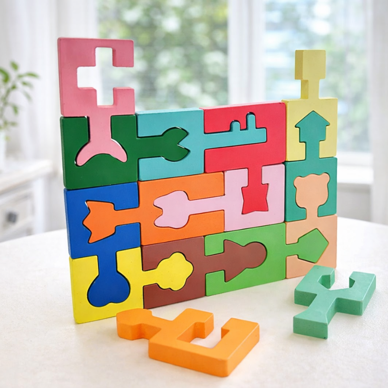 Kids wooden shape matching puzzle game with colorful geometric shapes for learning