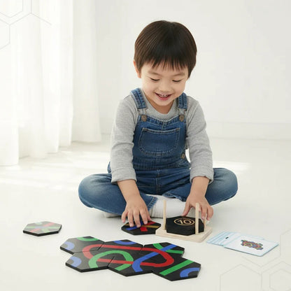 Toddler playing with colorful wooden shapes in a number sorting logic game, cognitive activity