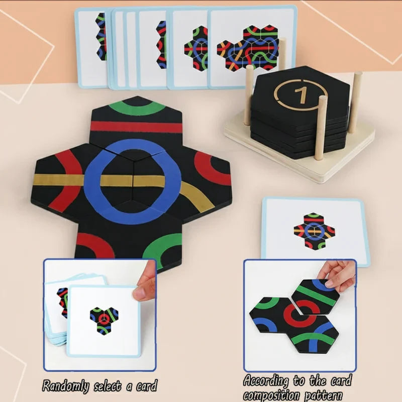 Close-up of a child's hands sorting geometric wooden shapes on a number logic game board