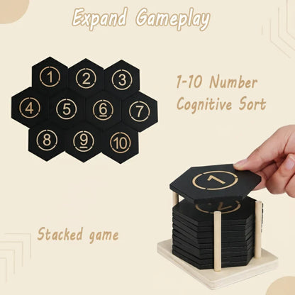 Educational wooden toy for kids, featuring number tiles and shape matching for logic skills