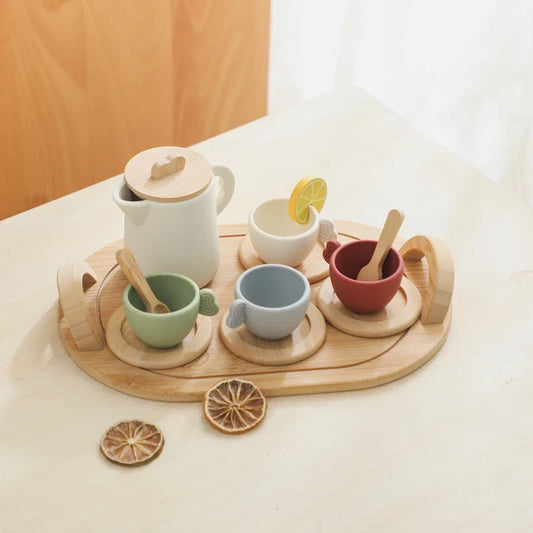 Kids wooden & silicone pretend play tea set with cups, teapot, & treats for imaginative fun