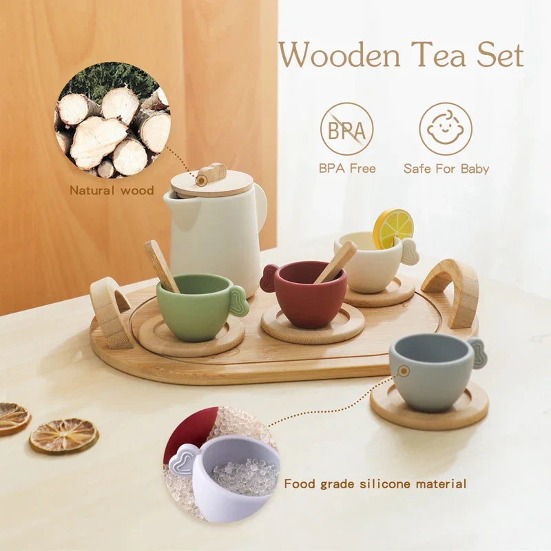 Toddler montessori wooden & silicone tea set, promoting social skills & screen-free play
