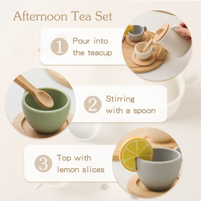 Preschool kids' educational toy tea set, combining natural wood & soft silicone elements