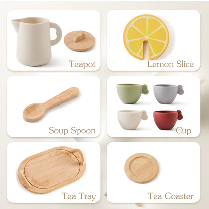 Imaginative play kids' tea set: wooden teapot & silicone cups, perfect for social development