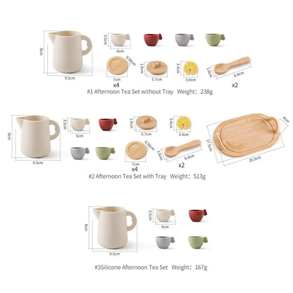Child-safe wooden and silicone toy tea set with colorful utensils for interactive play