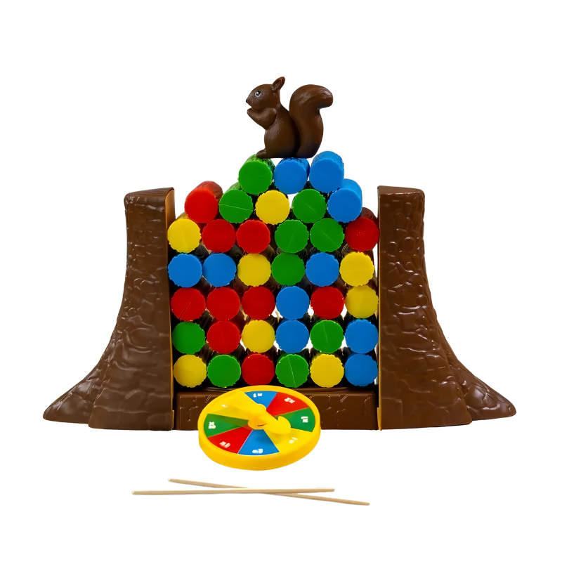 Durable wooden squirrel stacking game for kids, ideal educational toy for family game night festivities