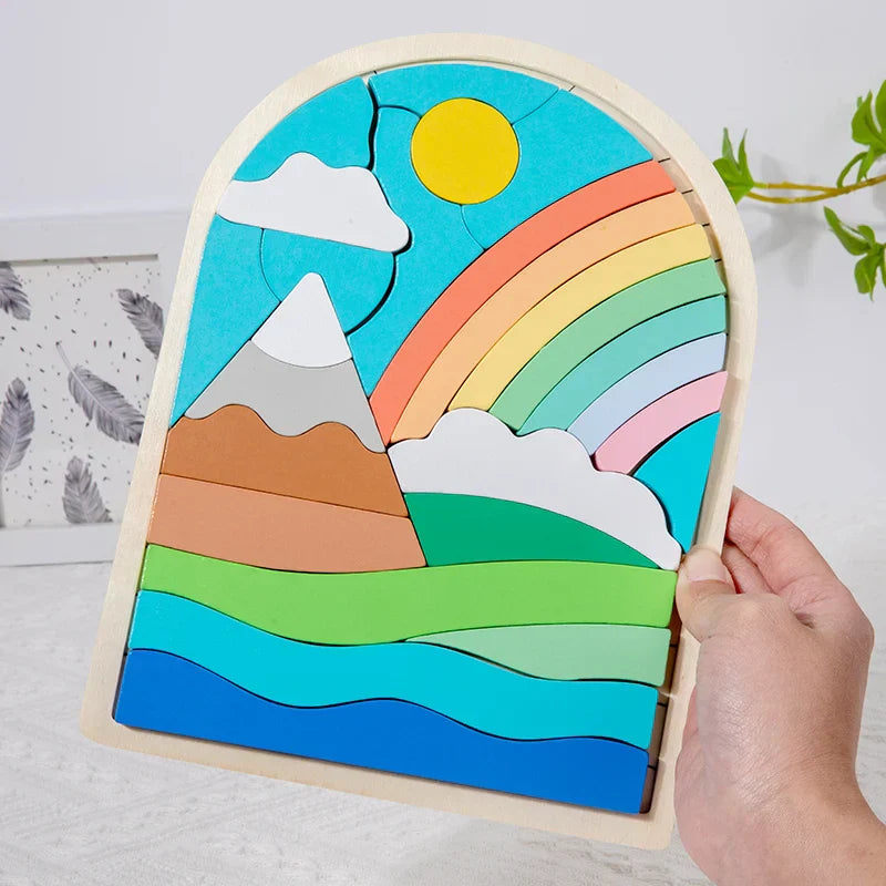 Close-up of wooden balance blocks, educational toy for children, highlighting textures and colors for sensory play and learning.