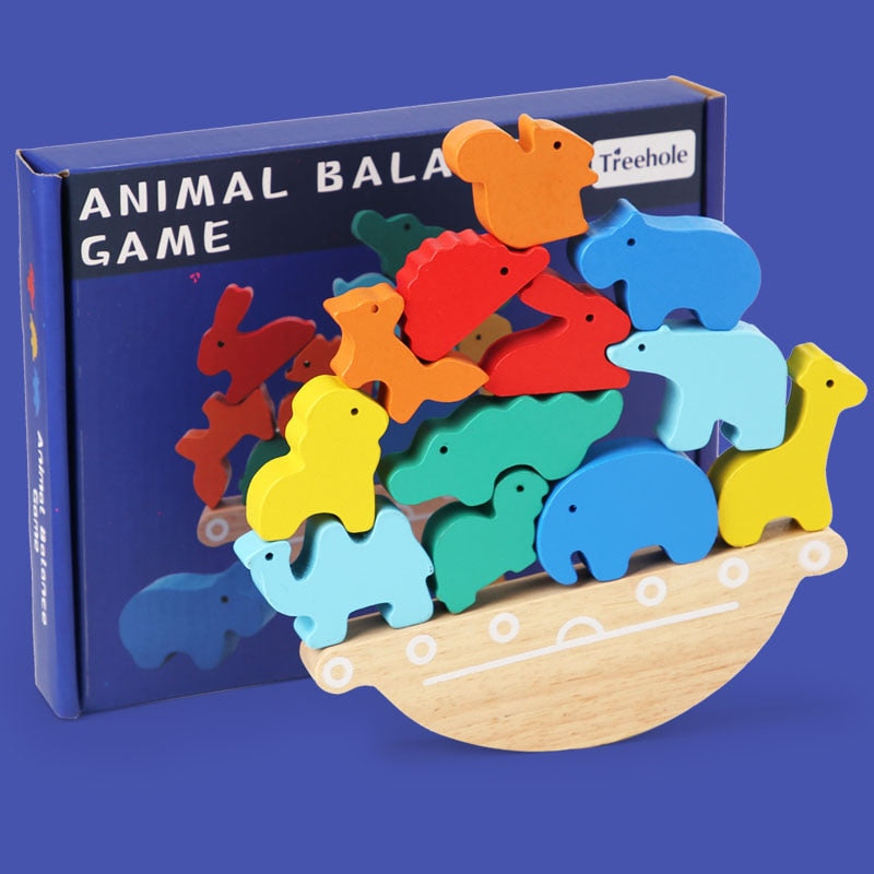 Colorful wooden animal balance game, a fun toddler learning toy to develop cognitive and motor skills