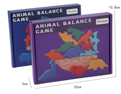 Children playing with a wooden stacking dinosaur puzzle, enhancing balance and problem-solving abilities