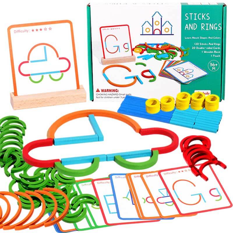 Kids wooden STEM rings and sticks building blocks for creative preschool learning