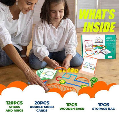 Colorful wooden rings and sticks STEM toys for early childhood development