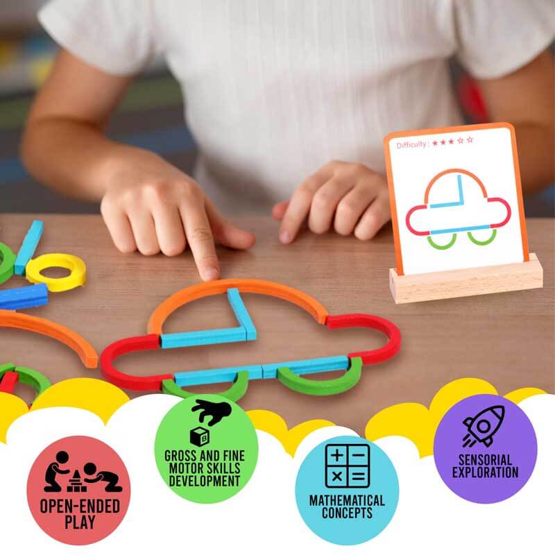 Preschool kids stacking wooden STEM blocks to enhance problem-solving skills