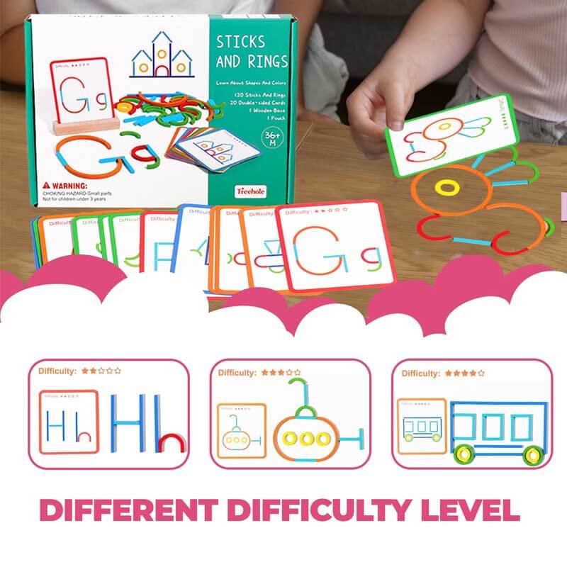 Early learning wooden STEM toy set with rings and sticks for educational building