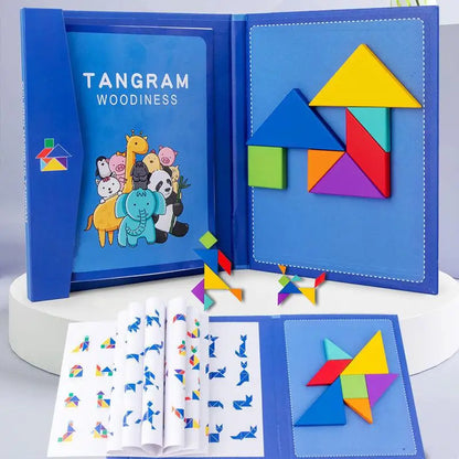 Kids wooden tangram puzzle, colorful geometric shapes for educational play
