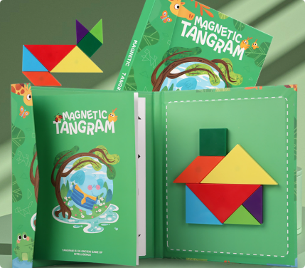 Child actively engaged with a magnetic wooden tangram puzzle, educational and fun