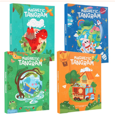 Collection of colorful wooden tangram puzzle shapes, promoting kid's creative thinking