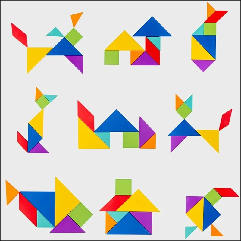 Close-up of a child's hands arranging wooden tangram shapes on a board