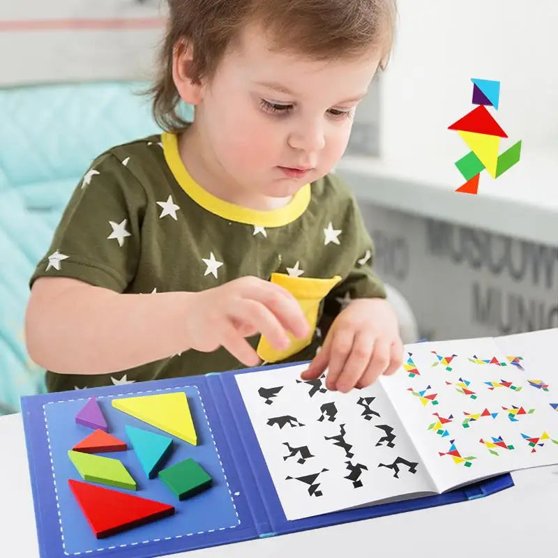 Colorful wooden tangram puzzle pieces, ideal for kids learning and development
