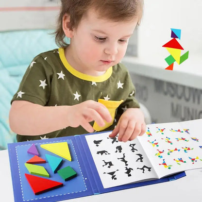 Colorful wooden tangram puzzle pieces, ideal for kids learning and development