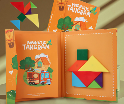Kids playing with a wooden tangram puzzle, enhancing problem-solving skills
