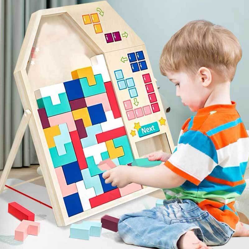 Stack of wooden tangram puzzle sets, ready for gifting, ideal educational STEM toy for children