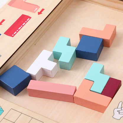 Close-up of a child's hand solving a wooden block puzzle, educational activity, focus on logic