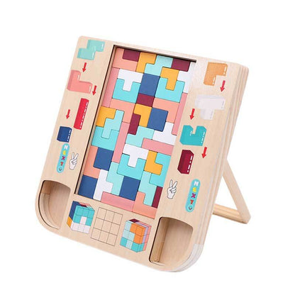 Happy child playing with a wooden developmental blocks puzzle, fun and educational STEM toy