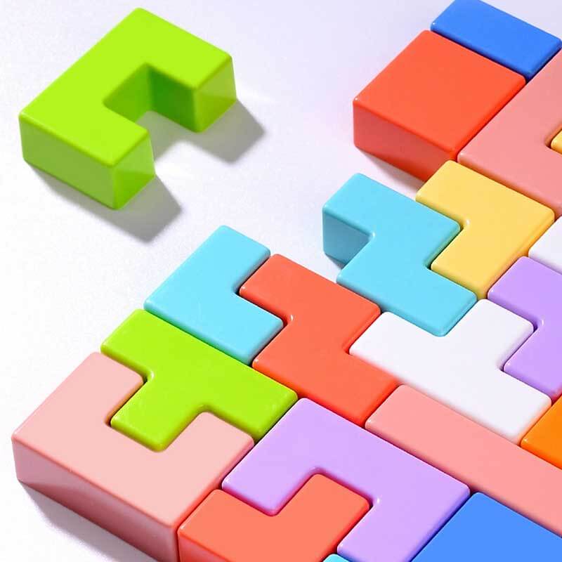 Overhead view of a finished wooden blocks puzzle, showcasing geometric patterns, brain game for kids